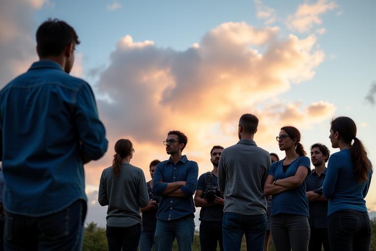 Sekumpulan peserta bengkel mendengar arahan daripada seorang pengajar dengan latar belakang langit yang menarik.