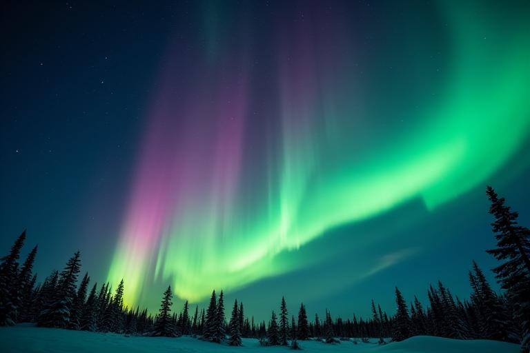 Aurora borealis hijau dan ungu menari di langit kutub.