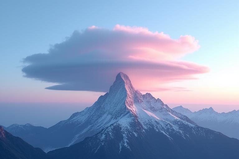 Awan lentikular yang menakjubkan terbentuk di atas puncak gunung.