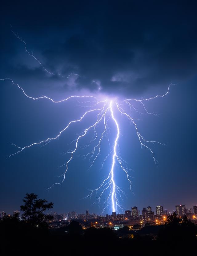Kilat berganda menerangi langit malam di atas bandar.