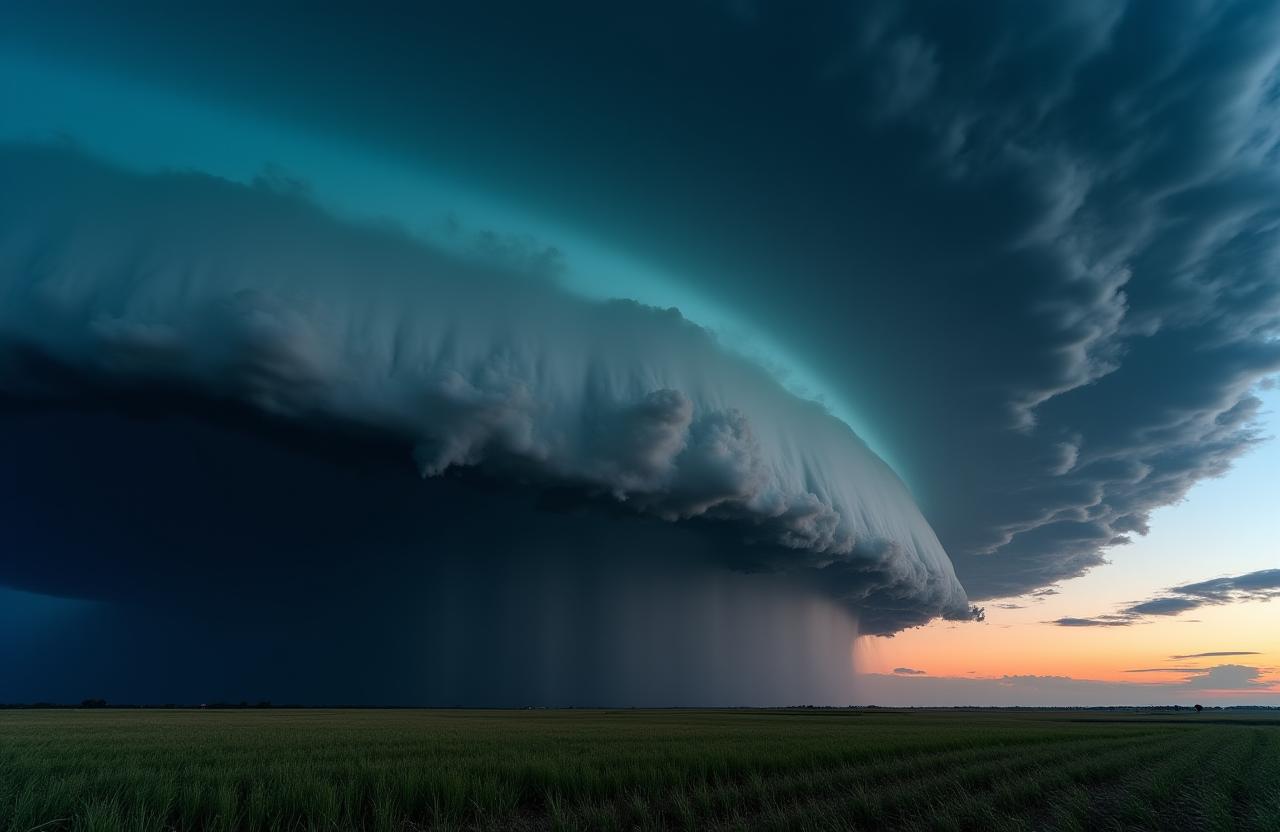 Pemandangan dramatik awan ribut supersel yang sedang terbentuk di atas padang terbuka.