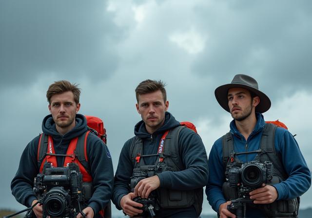 Pasukan Mega Portraits dengan peralatan kamera di hadapan langit yang mendung.